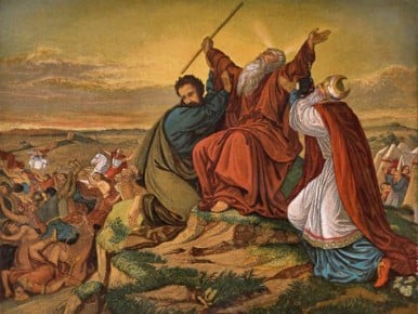 Hur and Aharon holding up Moshe's hands as Joshua battled Amalek.