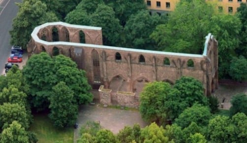 An aerial view of the Berlin church where a beaten body bearing an Israeli passport was found.