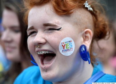 DUBLIN, IRELAND - MAY 23:  Supporters in favour of same-sex marriage celebrate and cheer as thousands gather in Dublin Castle square awaiting the referendum vote outcome on May 23, 2015 in Dublin, Ireland. Voters in the Republic of Ireland are taking part in a referendum on legalising same-sex marriage on Friday. The referendum was held 22 years after Ireland decriminalised homosexuality with more than 3.2m people being asked whether they want to amend the country's constitution to allow gay and lesbian couples to marry.  (Photo by Charles McQuillan/Getty Images)