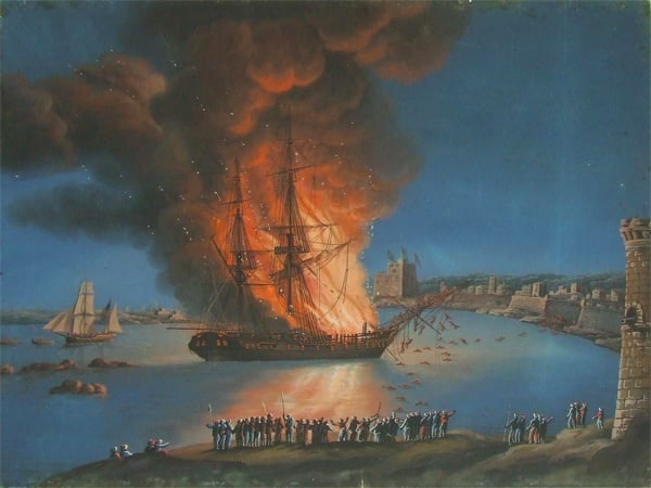 The burning of the Philadelphia in Tripoli Harbor, an act that caused the American offensive against the Barbary Pirates. (Painting from the Mariners’ Museum collection)