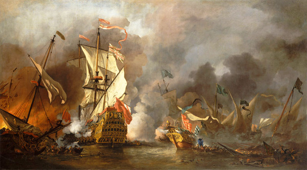 Painting by Dutch marine painter Willem van de Velde the Younger depicts an English ship under attack by Barbary pirates