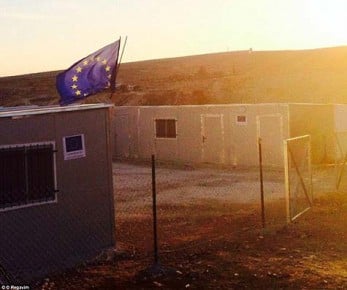 EU-flag-flying-above-an-illegal-building-erected-for-Arabs-in-Israel-controlled-Area-C