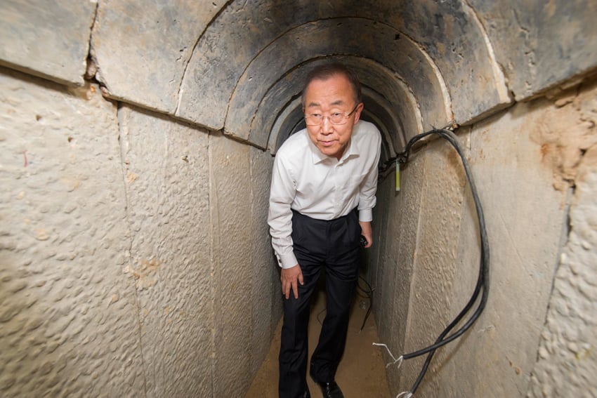 United Nations Secretary General Ban Ki-moon inspects a Hamas terror tunnel.