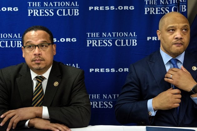 Rep. Keith Ellison(L) D-MN and Rep. Andre Carson (D-IN) wait to speak during a press conference about Islamophobia at the National Press Club May 24, 2016 in Washington, DC. / AFP / Brendan Smialowski        (Photo credit should read BRENDAN SMIALOWSKI/AFP/Getty Images)