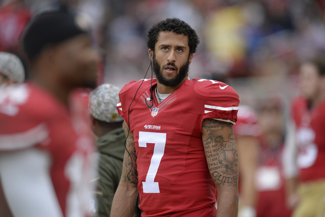 San Francisco 49ers quarterback Colin Kaepernick (7) glances up while on the sideline as they play against the Atlanta Falcons in the first quarter of their NFL game at Levi's Stadium in Santa Clara, Calif., on Sunday, Nov. 8, 2015. (Jose Carlos Fajardo/Bay Area News Group)