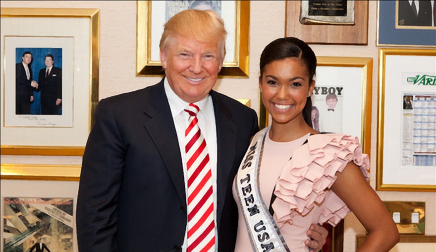 Donald Trump and Miss Teen USA in front of a Playboy magazine on Trump's wall.